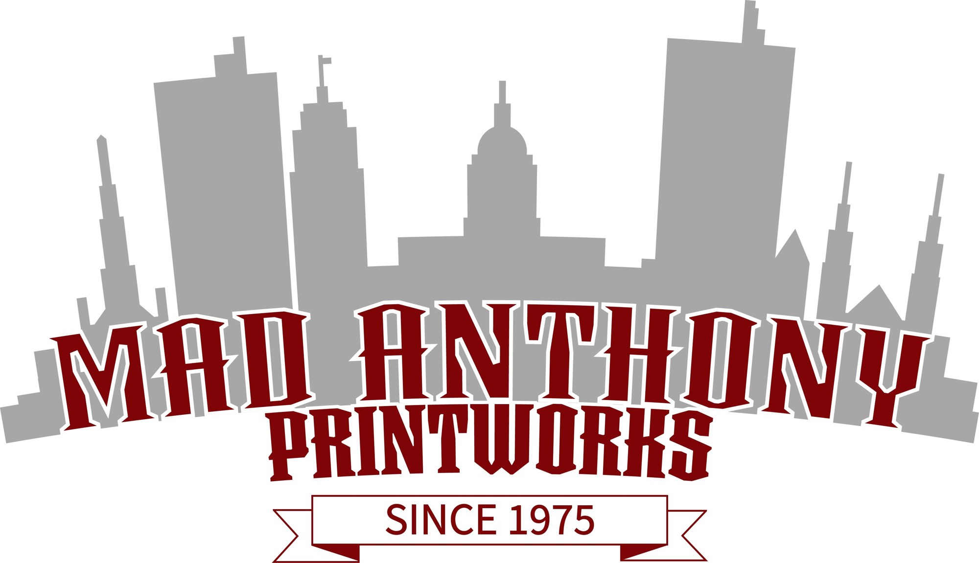 Mad Anthony Printworks skyline wordmark in maroon, Since 1975